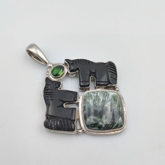Vintage Sajen Sterling Silver 925 Carved Horse Onyx Seraphinite Peridot Pendant - Picture 3 of 14